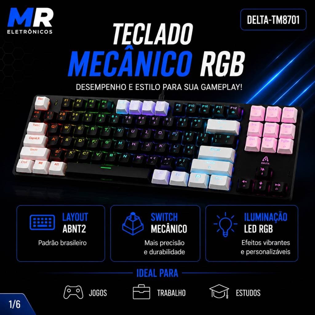 Teclados Mecânicos Gamer RGB | ABNT2 | Switch Mecânico | USB | LED RGB | Plug & Play | Delta TM8701