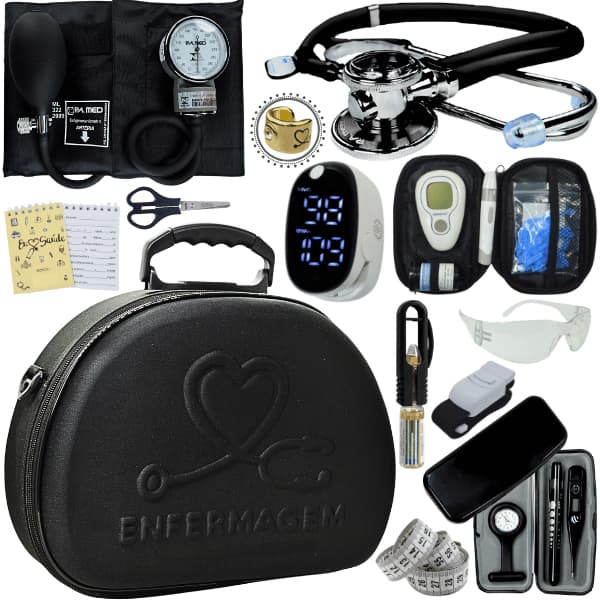 Kit Enfermagem Esfigmomanômetro Aneroide Estetoscópio Rappaport Duplo Maleta Completo Técnico
