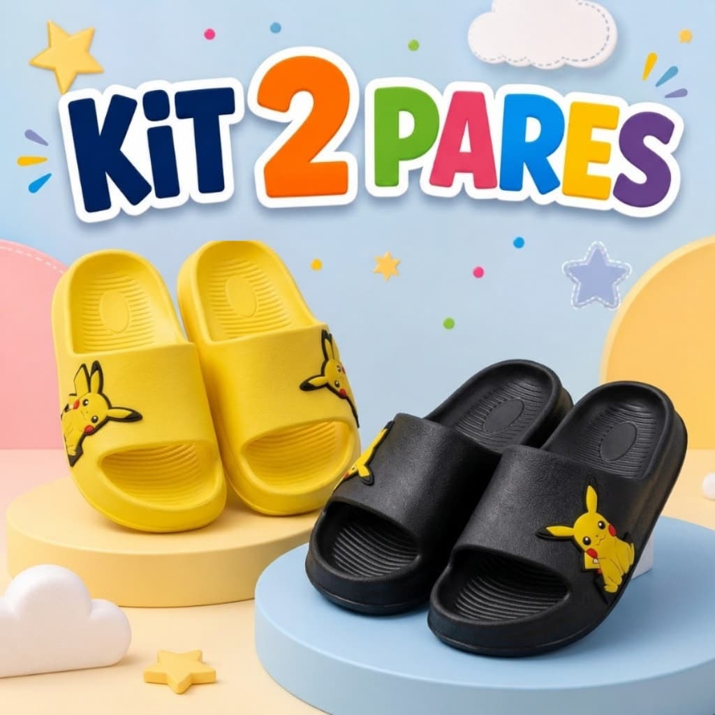 Kit 2 Pares Slide Infantil Menino Chinelo Masculino Pikachu Juvenil Nuvem Confortável para Casa