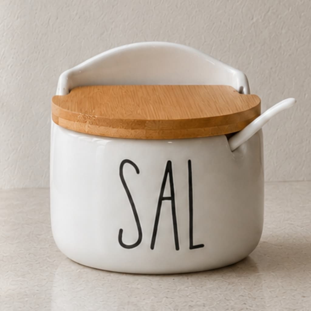 Saleiro Porta Sal de Porcelana Branco Porta Tempero para Cozinha Tampa de Bambu Madeira com Colher
