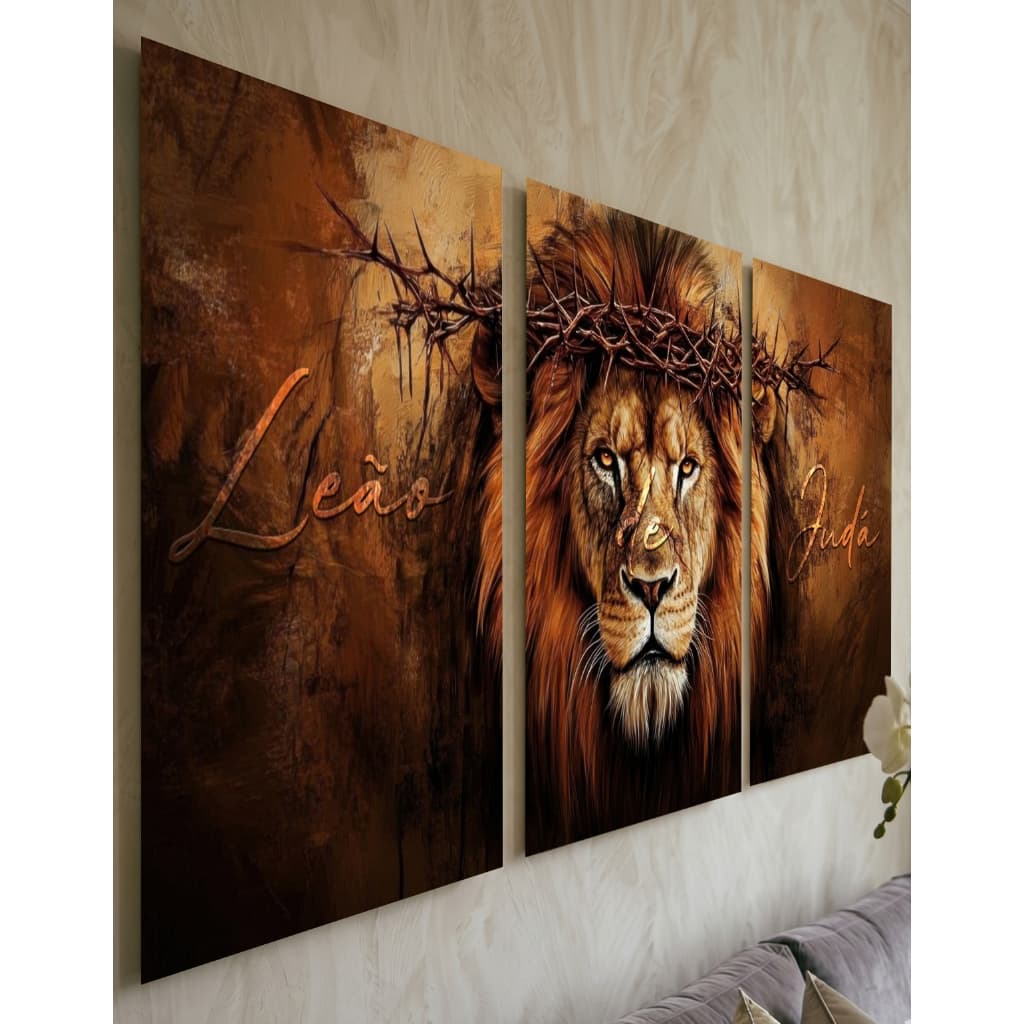 Quadro Decorativo Leão de Judá 3 Peças Mosaico Painel Madeira Sala Quarto Religioso Coroa Espinhos