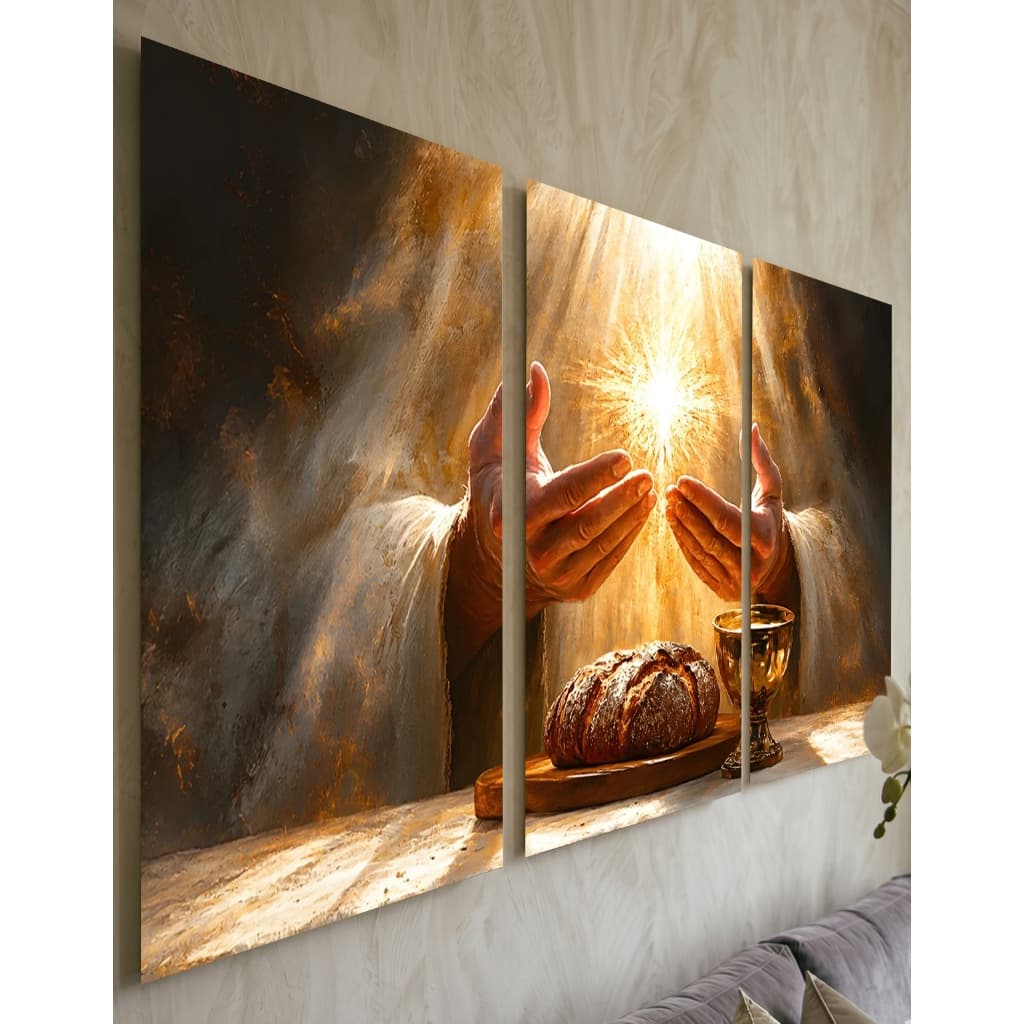 Quadro Decorativo 3 Peças Mãos de Jesus Pão e Vinho Eucaristia Luz Divina Sala Quarto Decoração