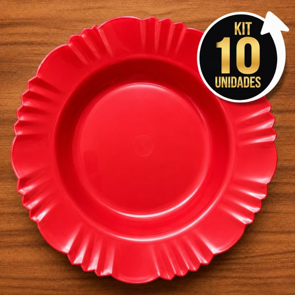 Kit 10 Pratos Fundos Redondos Vermelho Plástico com Borda Para Refeições