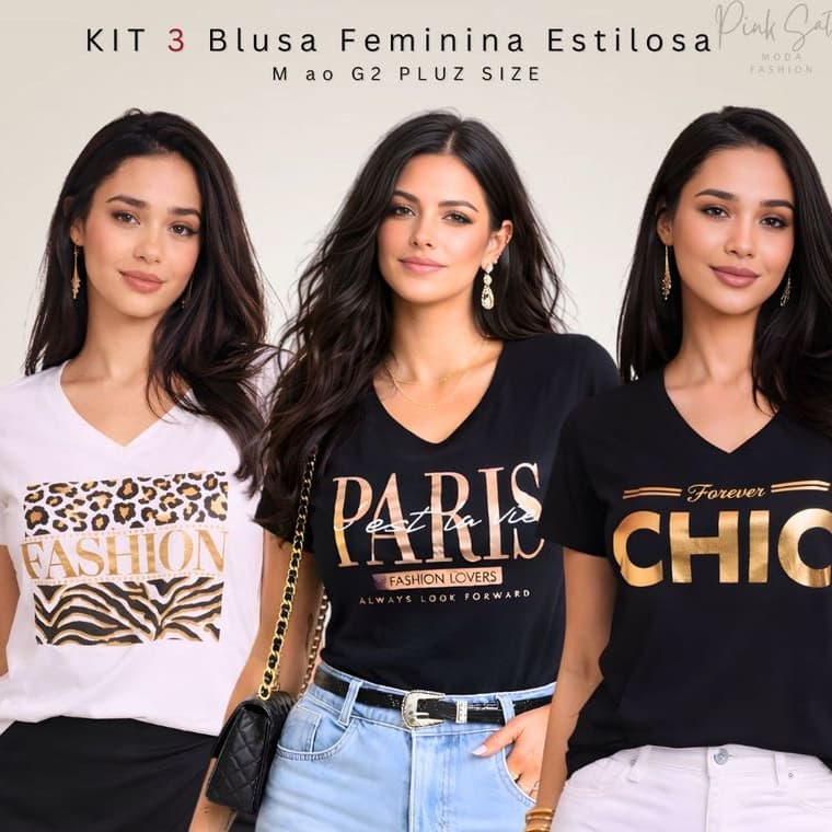 Blusa Feminina Estilosa KIT 3 OU 2 UNIDADES Camiseta Decote V Viscolycra Estampas Variadas Exclusiva M ao G2 pluz size