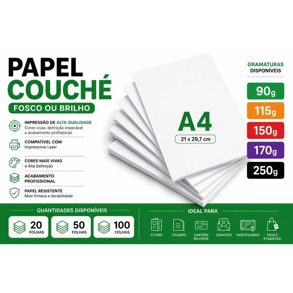 Papel Couché A4 Fosco ou Brilho 90g 115g 150g 170g 250g 20, 50 e 100 Folhas