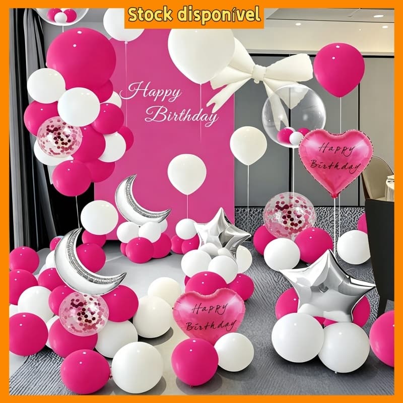 Kit 51 peças Balões Aniversário, Bexiga Laço Estrela Lua Decoração de Festa Feminina
