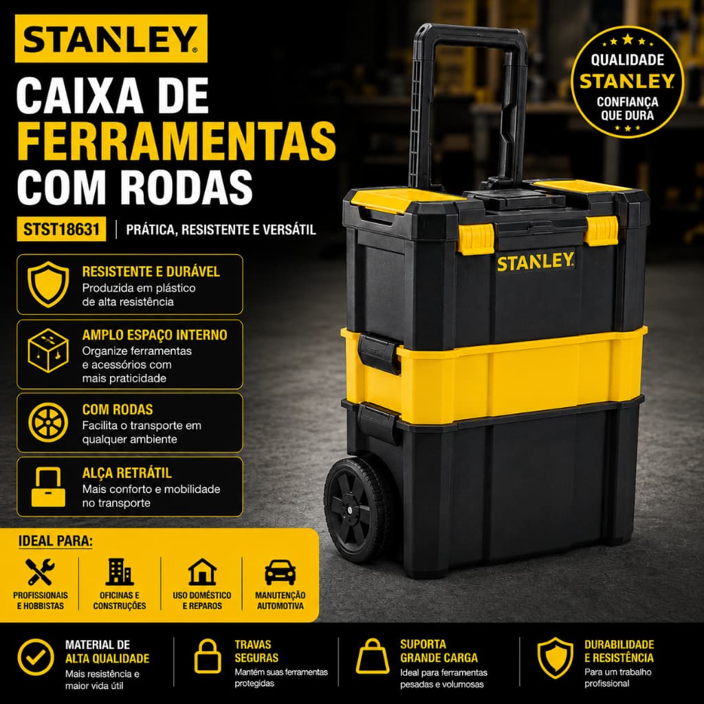 Caixa De Ferramentas De Plástico Stanley Stst18631 Com Rodas 62,3 Cm X 28 Cm Preta Preto