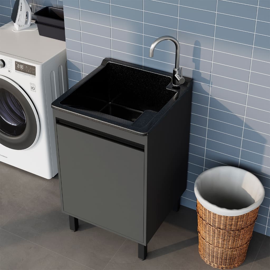 Tanque de Lavar Roupas Lavanderia Fibra 40L Gabinete Armário MDF Chumbo Preto Entregue Montado