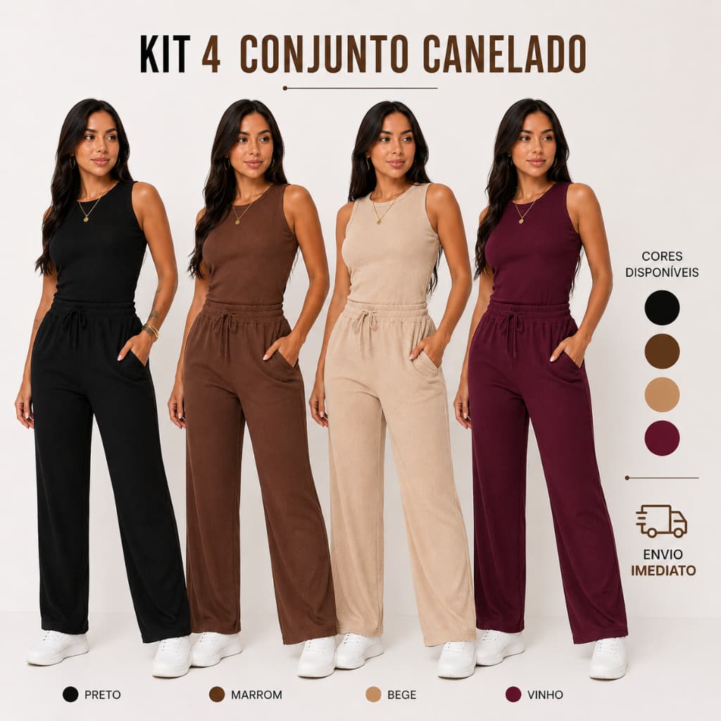Kit 4 Calça Wide Leg Pantalona Bolsos + Regata Feminino
