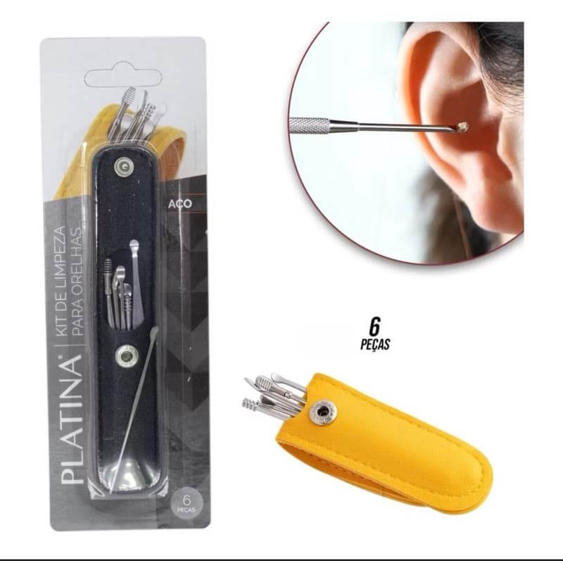 Removedor Limpa Cera De Ouvido Aço Inox + Estojo Kit 6 Pcs