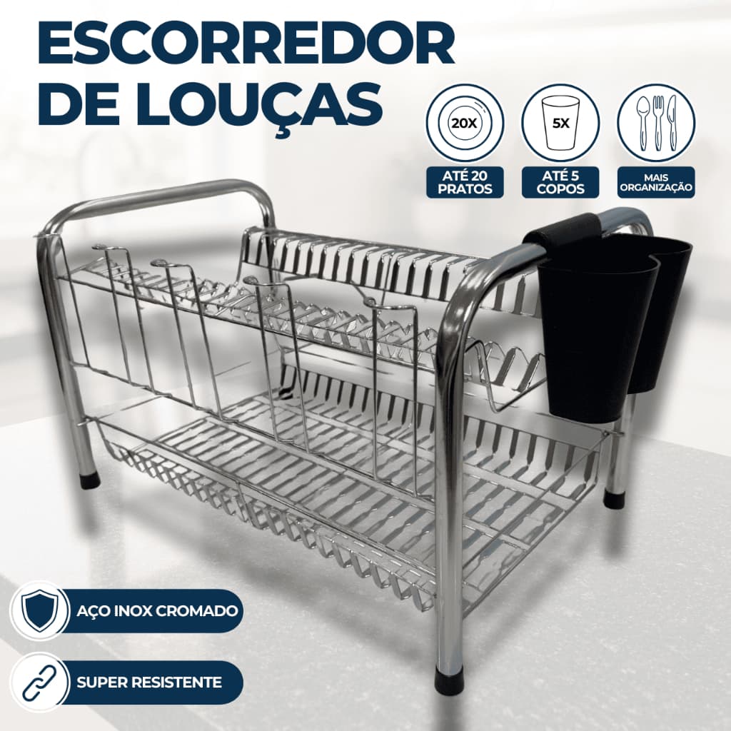 Escorredor De Louça 20 Pratos 5 Copos Aço Cromado Resistente 2 Andares e Porta Talheres