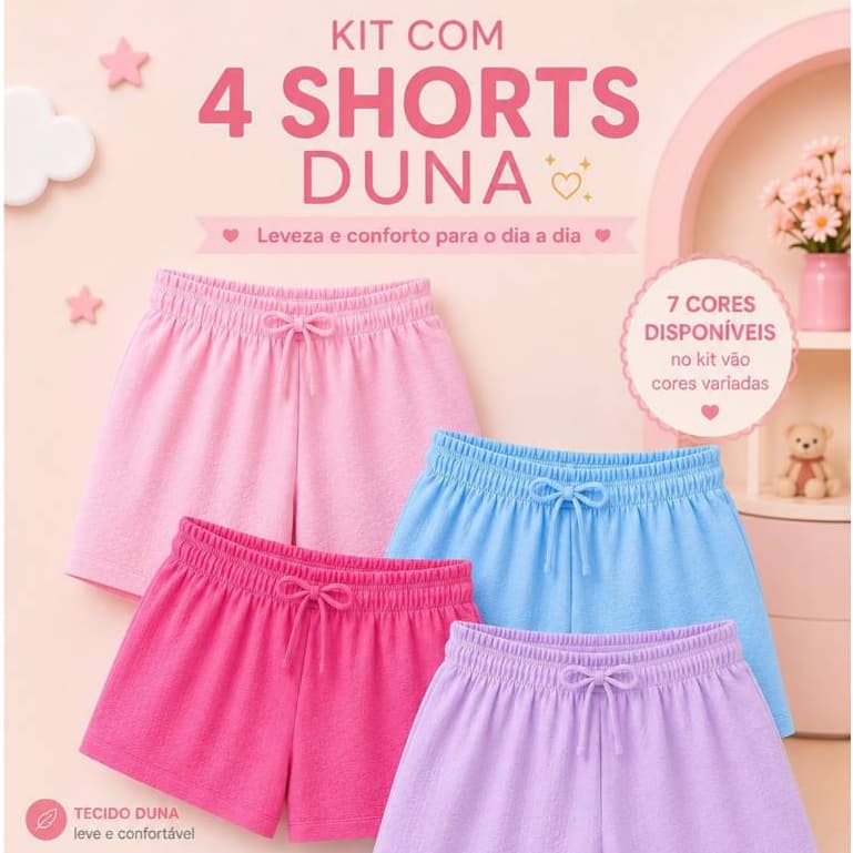 Kit Com 4 Shorts Infantis Com Elástico Tecido Duna