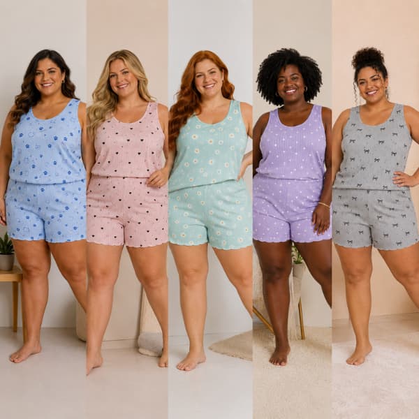 Kit Pijama Baby Doll Plus Size Feminino Alça Regata Suede Canelada Short Doll Mulher Extra Grande