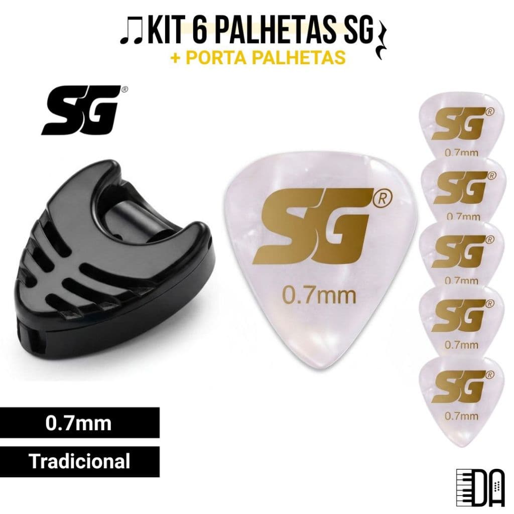 Kit 6 Palheta SG Celuloide 0.7mm Antiderrapante e Porta Palhetas Para Violão e Guitarra
