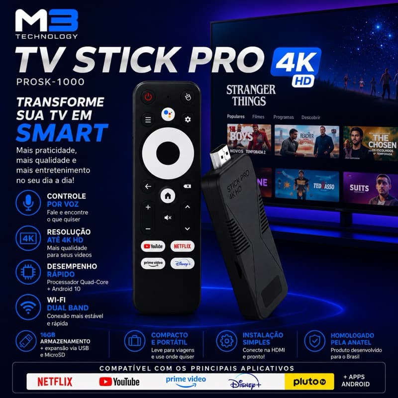 TV Stick Pro 4K Proeletronic Controle por Voz Bluetooth Android TV Wi-Fi 5 HDMI