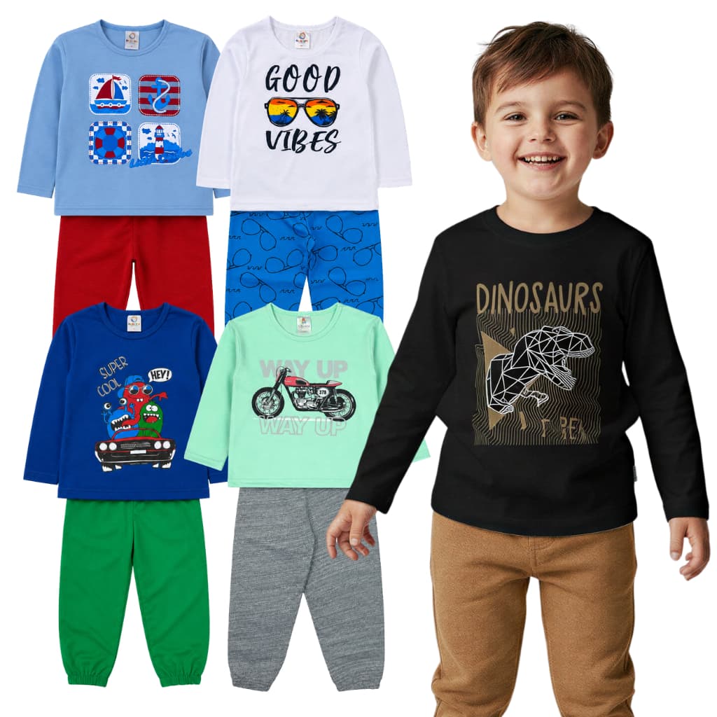 Kit 4 ou 6 Peças Roupa Infantil Menino Conjunto Manga Longa Masculino Blusa Meia Estação Calça
