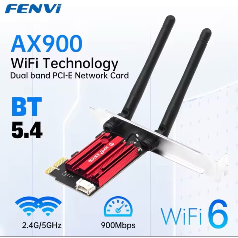 Adaptador de Rede Fenvi Sem Fio Dual Band WiFi 6 AX900 Bluetooth 5.4 PCI-Express para Desktop PC Windows 10/11