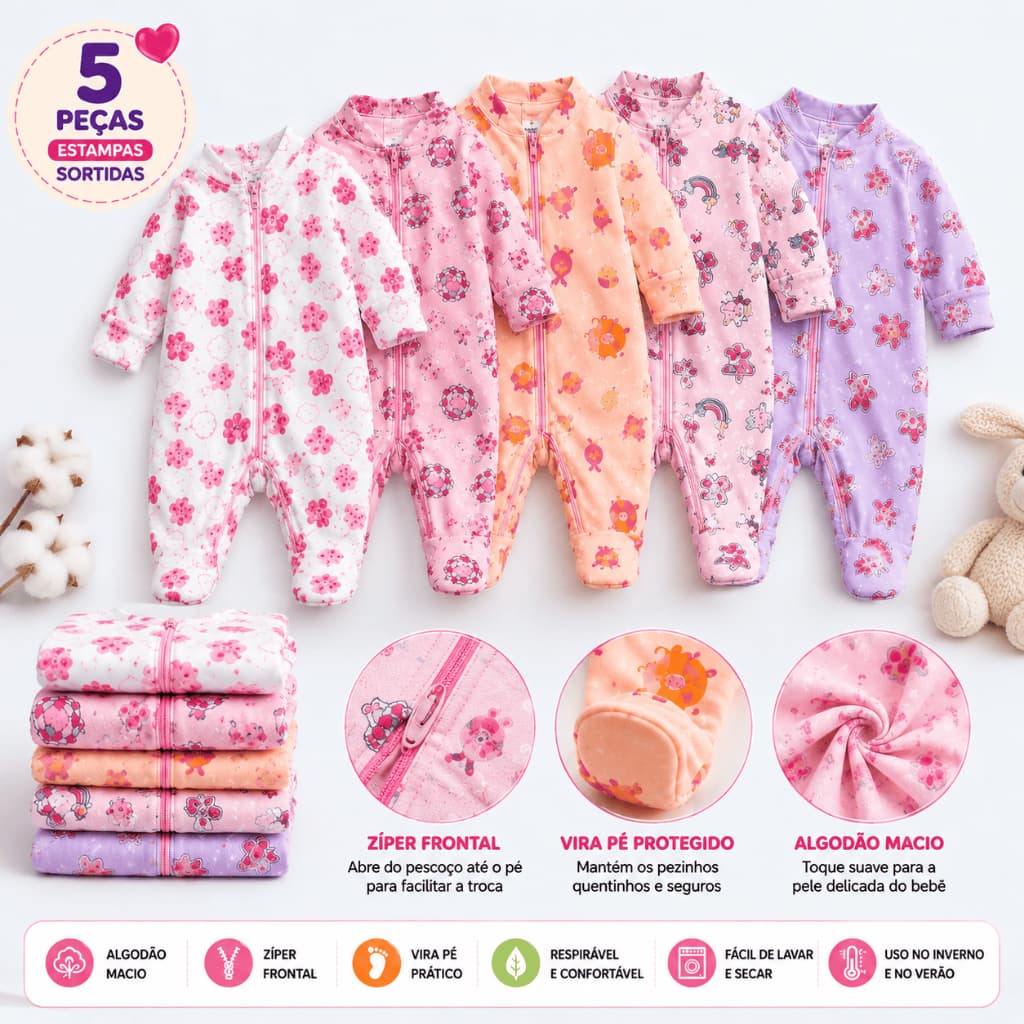 5 Macacões Bebê Estampado Vira Pé com Zíper Menina 100% Algodão