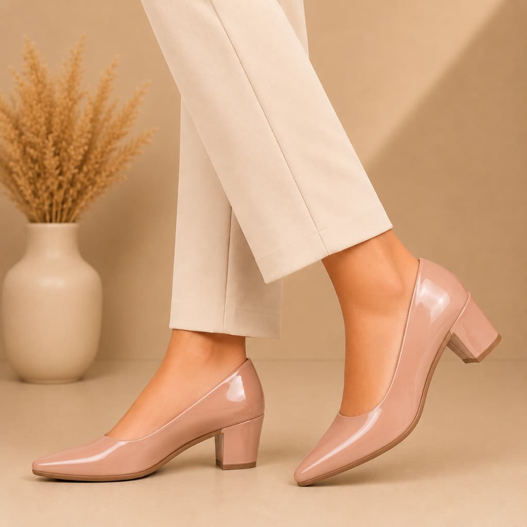 Scarpin Feminino Salto Baixo Bico Fino Confortável Elegante Verniz Napa Casual Trabalho Festa