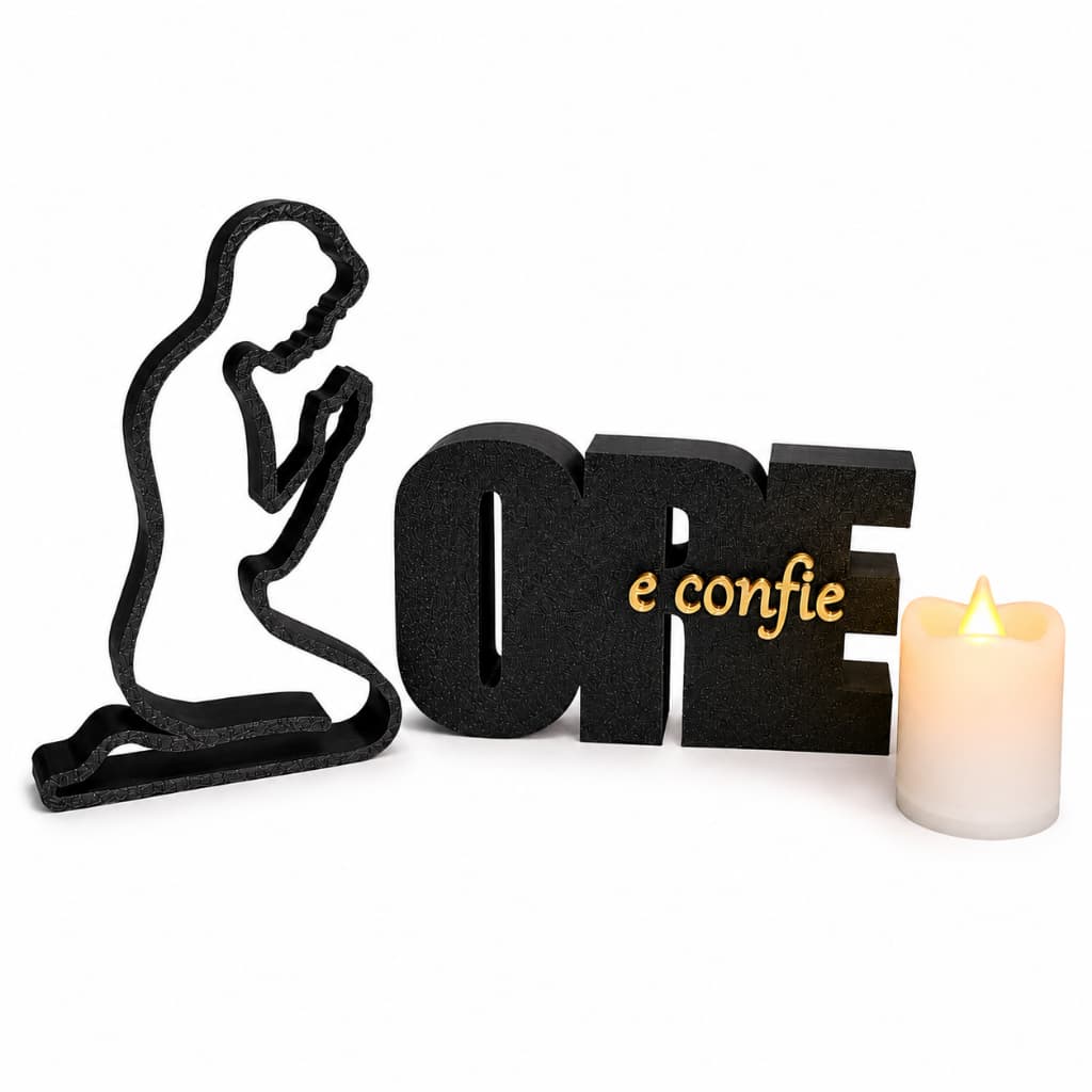 Kit Cantinho de Oração Ore e Confie com Vela LED e Silhueta Decorativa Religiosa