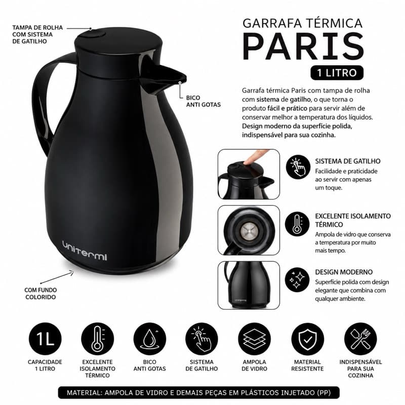 Garrafa Térmica Com Gatilho Paris 1L Unitermi 1000ml Café Chá Água Bule Térmico Mesa Cozinha Cantinho do Café Conserva