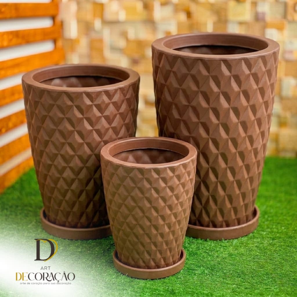 Kit 3 Vasos de Plantas Decorativo Coluna Diamante PP P M Ideal para Sala, Varanda e Área Gourmet