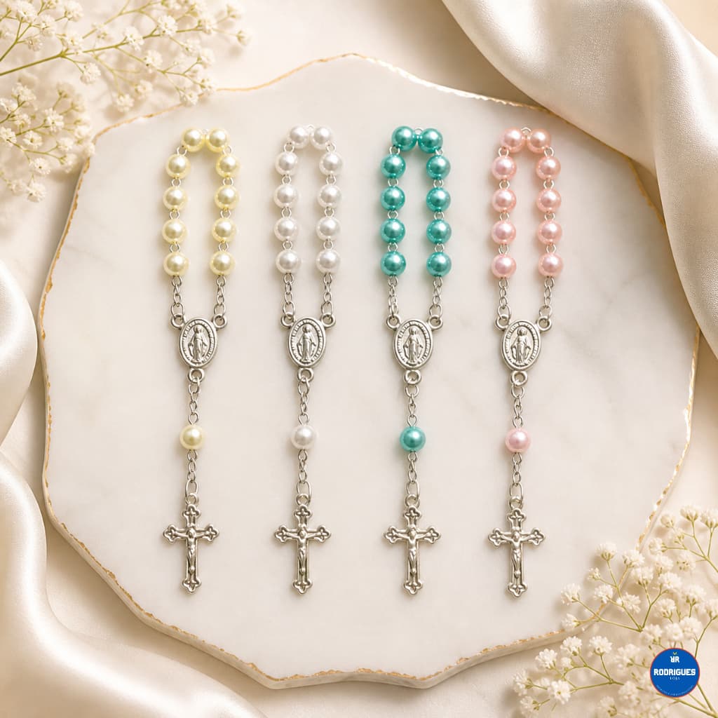 Kit 24 Mini Terços Prata em Metal 9,5cm Lembrancinha Religiosa