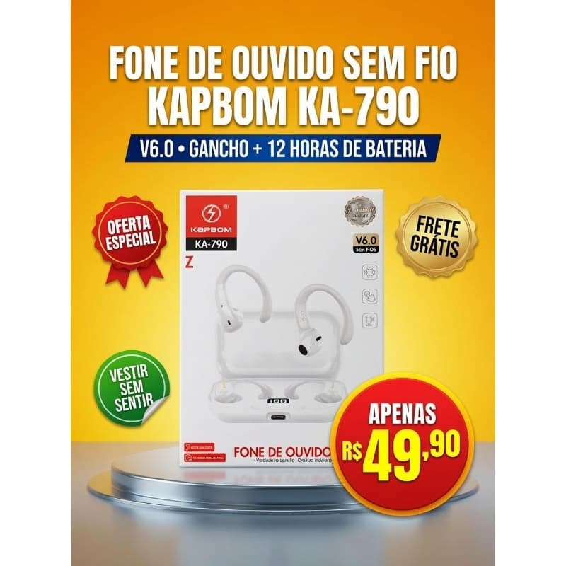 Fone de Ouvido Sem Fio Kapbom KA-790 Bluetooth V6.0 Gancho Ouvido 12 Horas Bateria