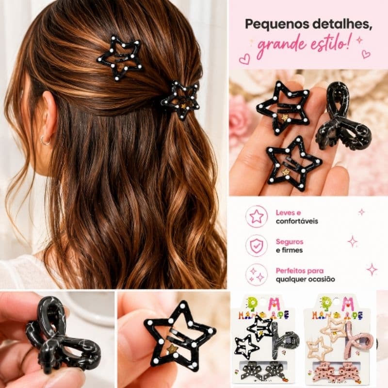 Kit Presilha de Cabelo Feminino 5 Peças Tic Tac de Estrela Piranha Estrela Laço Acessórios para Cabelo Menina