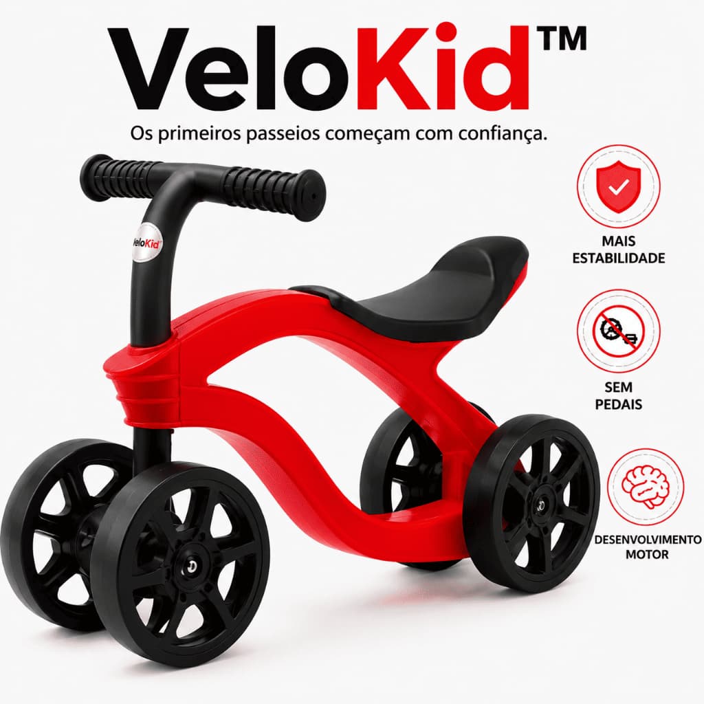 Bicicleta de Equilíbrio Infantil 4 Rodas Sem Pedal Educativa Vermelha VeloKid™
