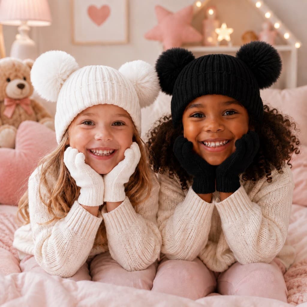Kit Touca e Luva Infantil Conjunto Premium Menina Pompom Inverno Frio Forrada