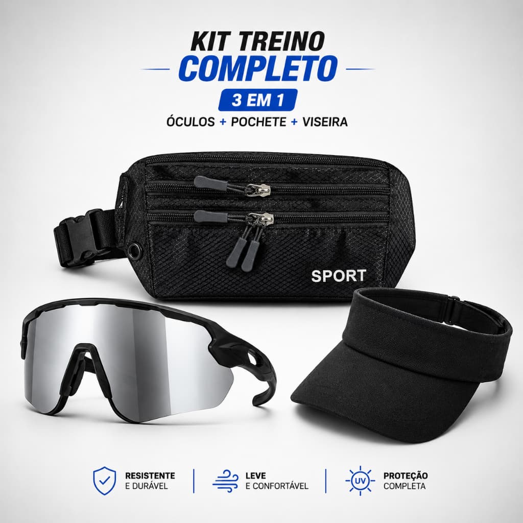 Kit Óculos Esportivo UV + Pochete + Viseira Completo Unissex Academia Caminhada Corrida Esportes