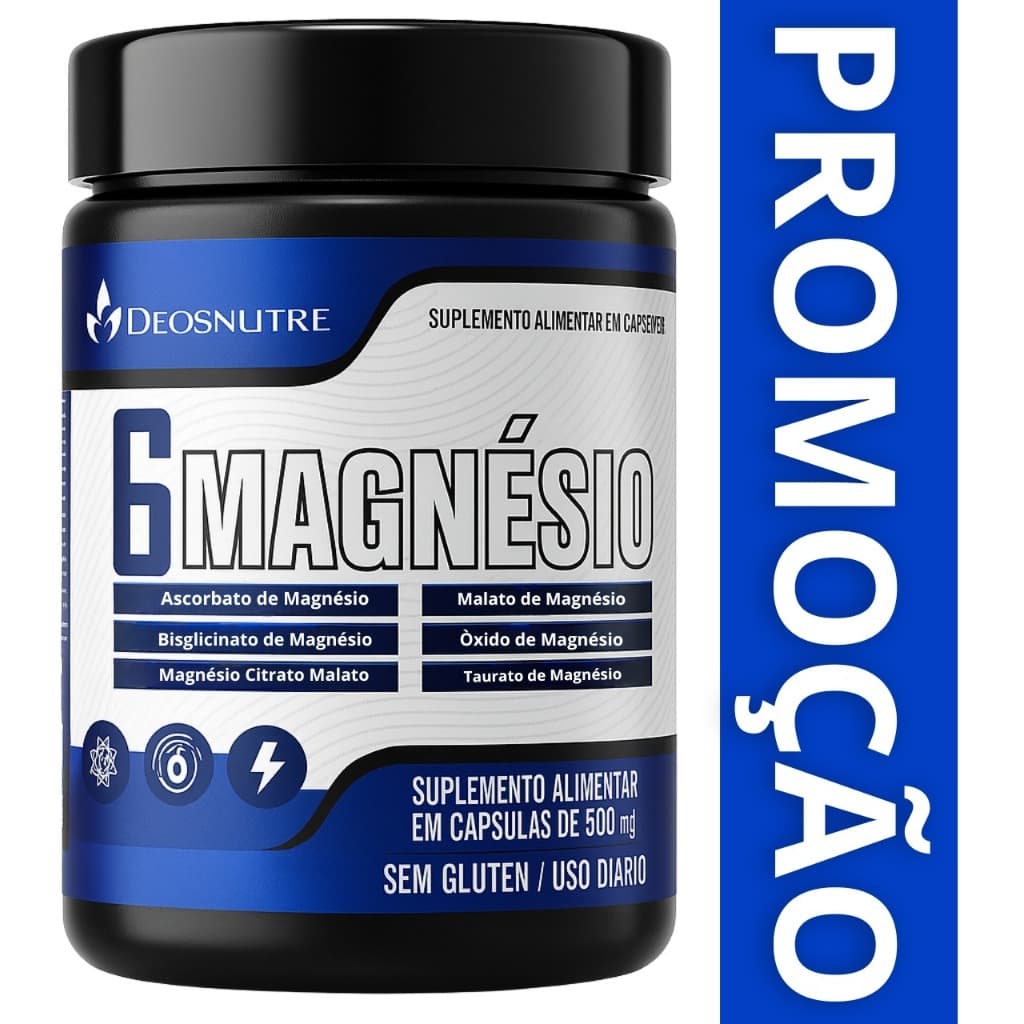 MAGNÉSIO 6 em 1 ORIGINAL Malato Bisciclinato Taurato Óxido Ascobarto Citrato 60 Cápsulas 500 mg