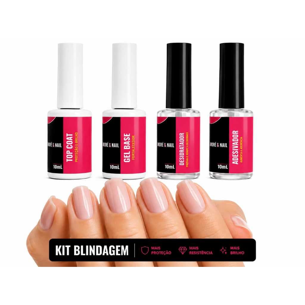 Kit Blindagem AMORÉ&NAIL Gel Base Coat + Desidratador + Adesivador + Top Coat Led/Uv Lançamento