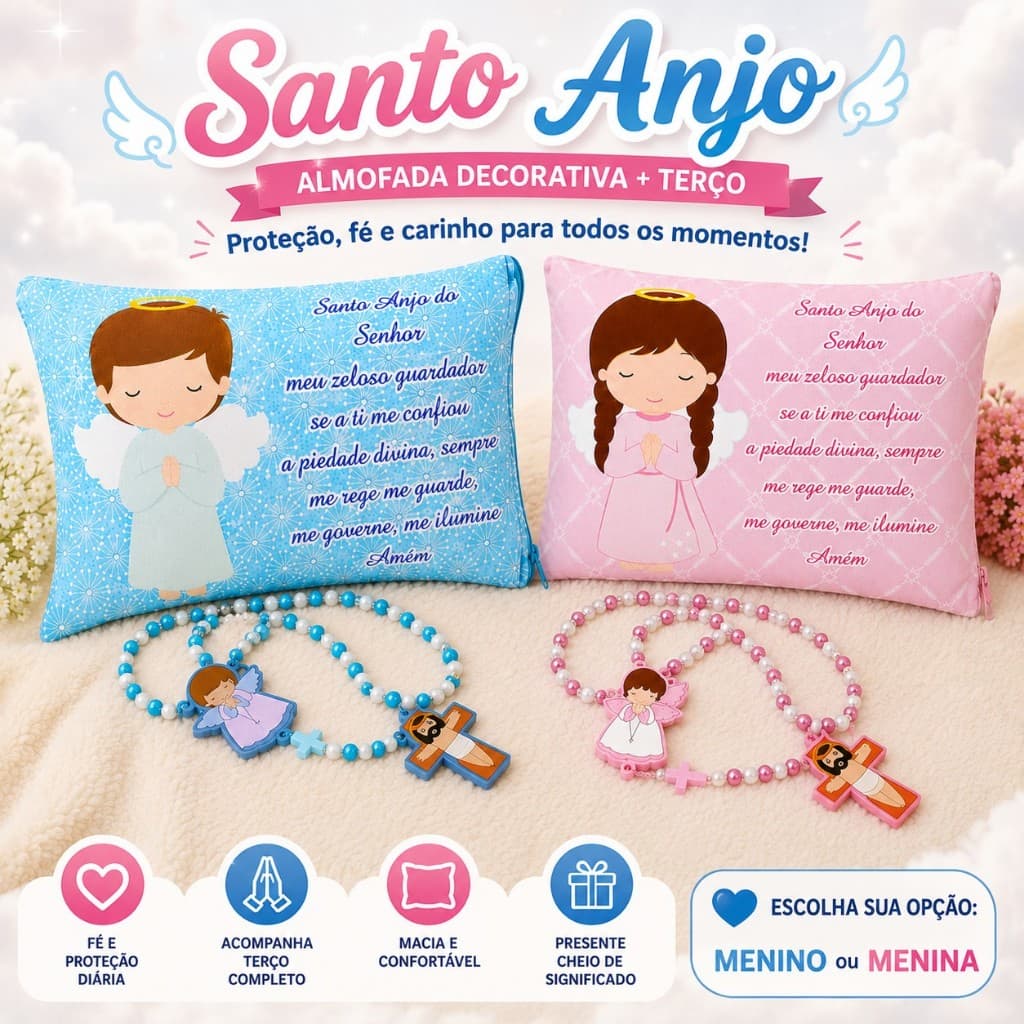 Travesseiro Decorativo Santo Anjo Infantil com Terço