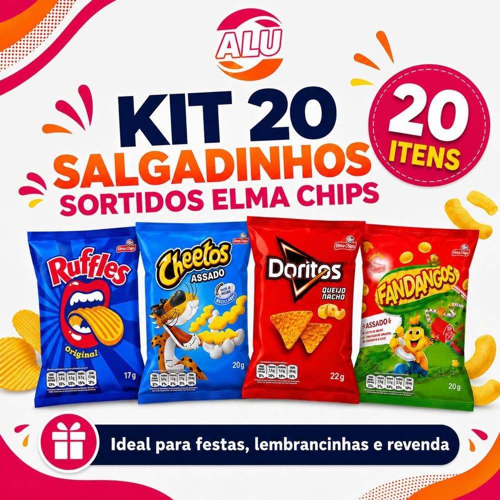 Kit 20 Salgadinhos Sortidos Elma Chips Doritos Cheetos Ruffles Fandangos Festa Lanche Lembrancinha