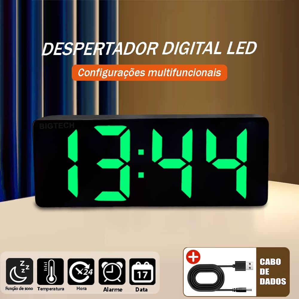 Relógio Digital LED Multifuncional Para Ou Mesa Com Temperatura Data E Ajuste De Brilho