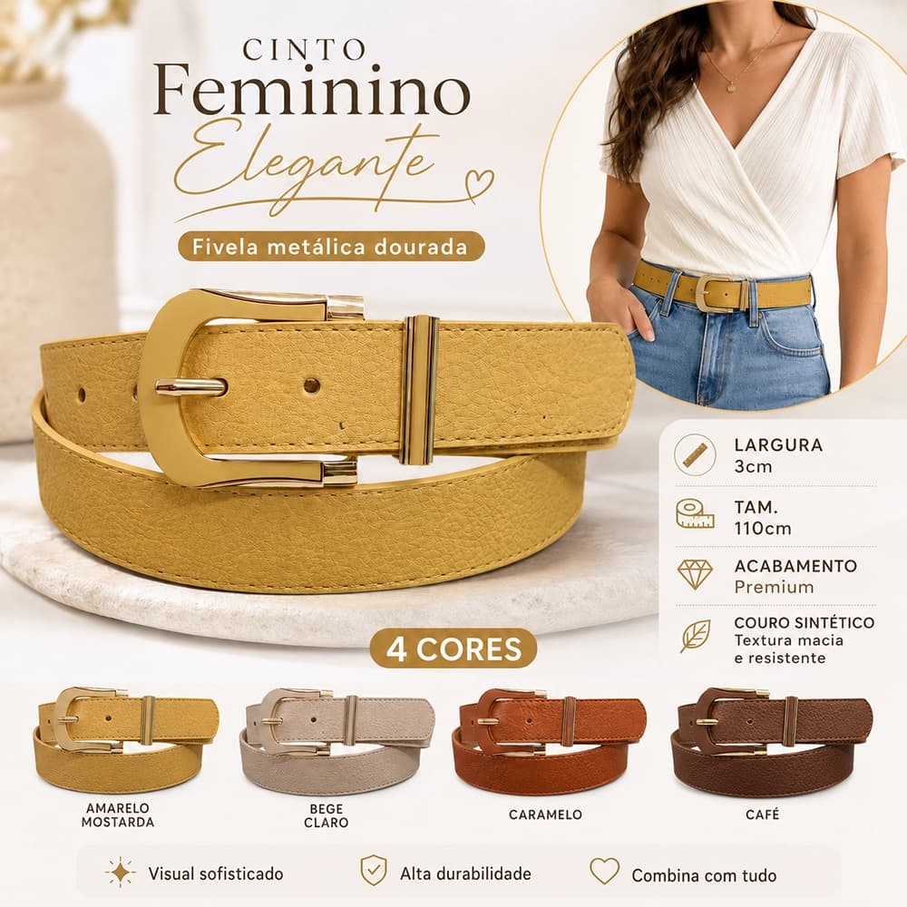 Cinto Feminino Largo 3cm Couro Sintético 110cm Com Fivela Dourada Elegante Para Calça Jeans Vestido