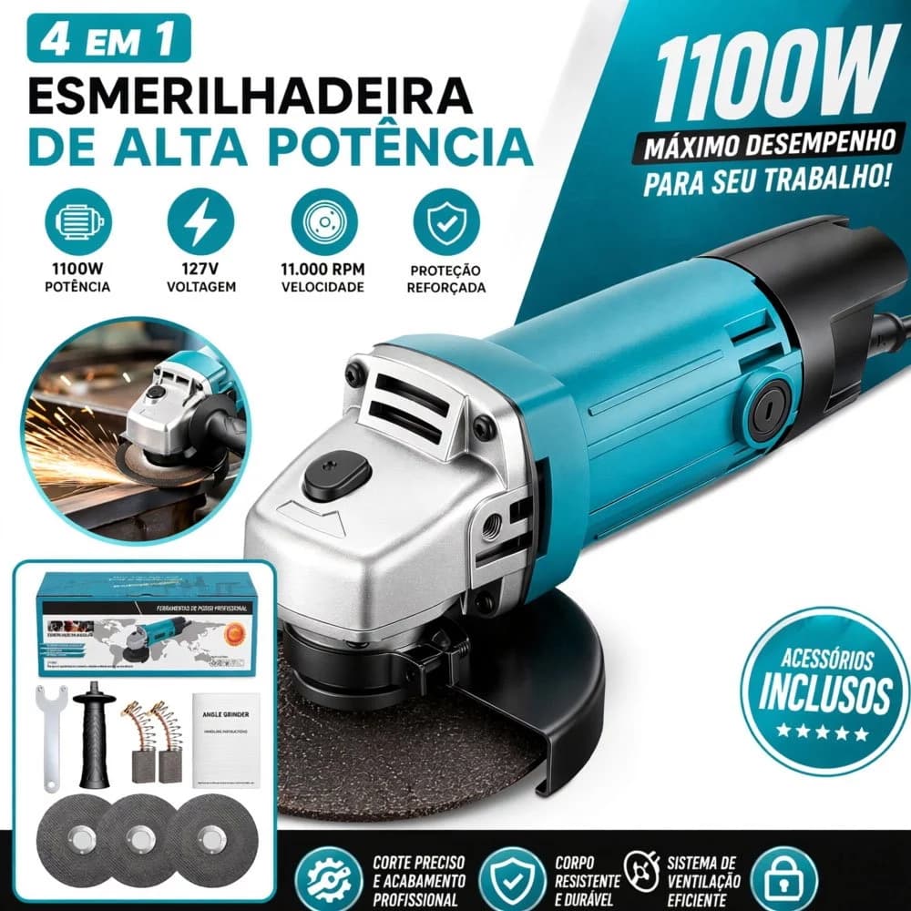 Esmerilhadeira Angular com Fio 110-127/220V Motor Reforcado Corte Desbaste Metal Ferramenta Eletrica Profissional