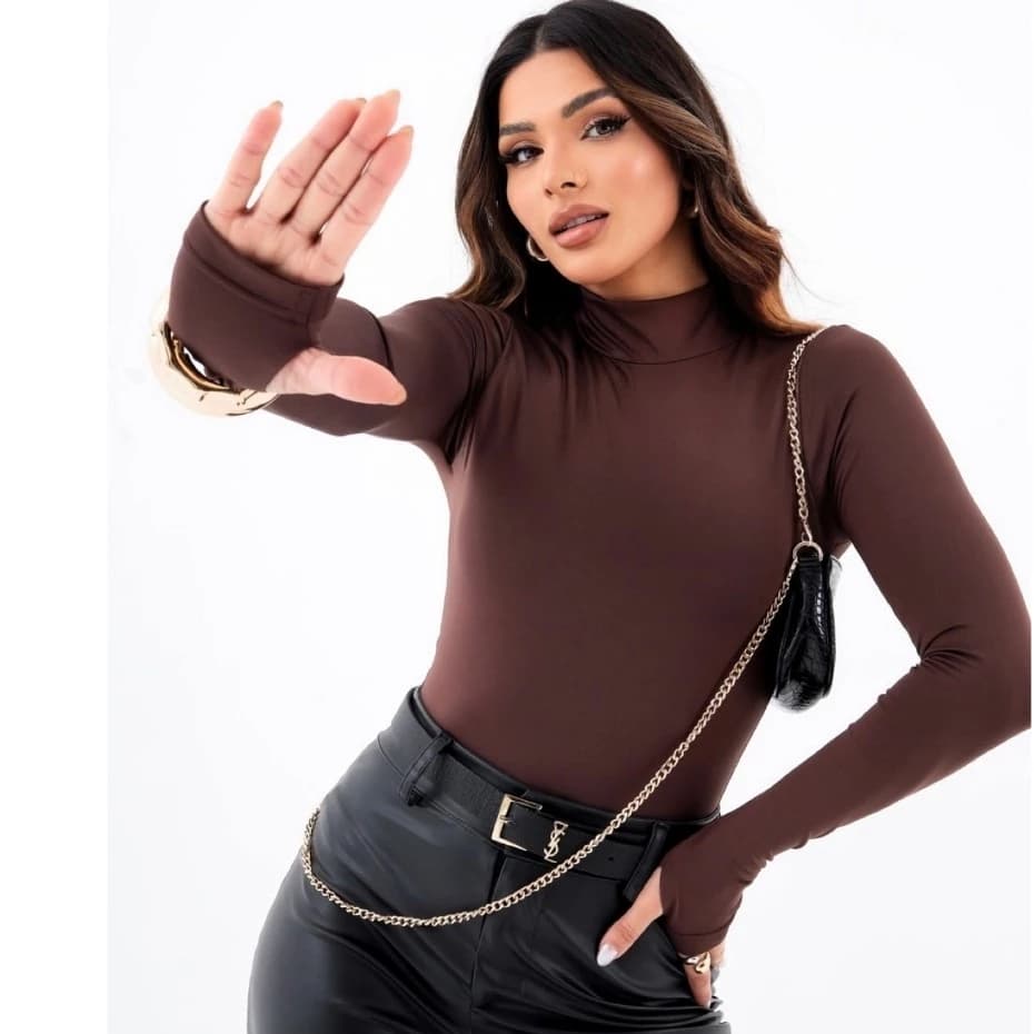 BLUSA SEGUNDA PELE FEMININA MANGA LONGA COM DEDEIRA GOLA ALTA  DE DEDINHO SUPLEX