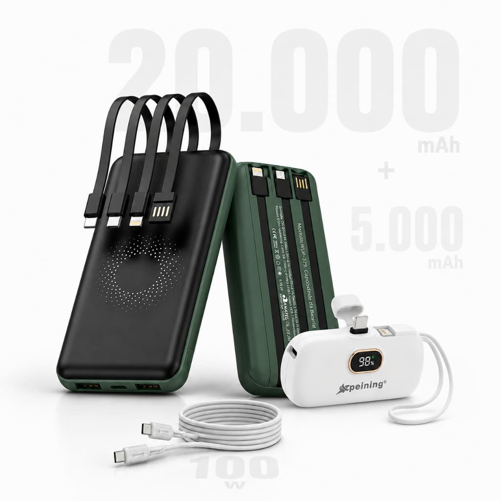 Kit Power Bank 20000 mAh Indução Verde + 5000mAh Branco + Cabo 60W Branco Original Peining