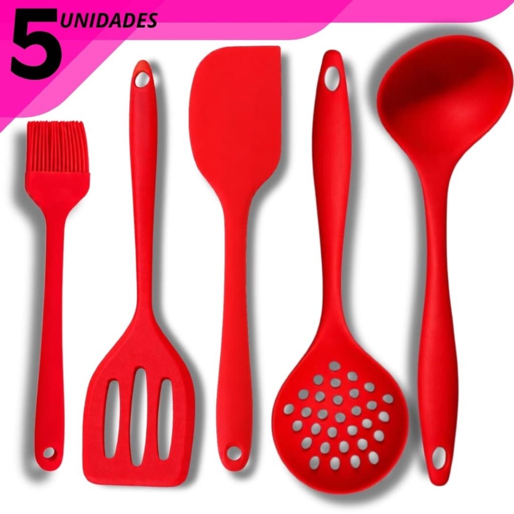 Kit Utensílios de Cozinha Silicone 5 Peças Espátula Vazada e  Pão Duro Concha Escumadeira Pincel