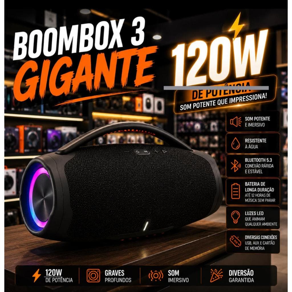 Caixa De Som Boombox 3 33CM/120W 23CM/70W Bluetooth Rádio FM AUX USB A Prova D'Água