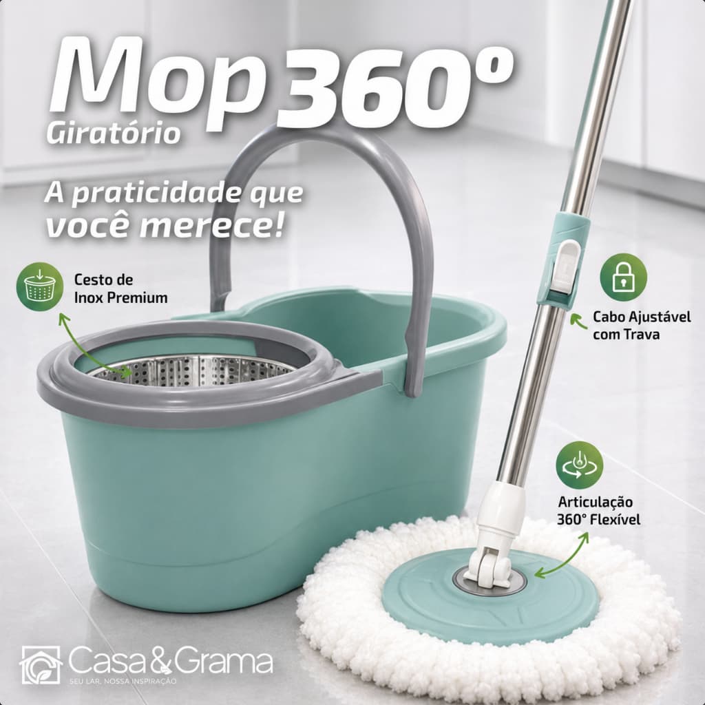 Mop Giratório Esfregão Cabo de Aço Inoxidavel de 140 cm Ajustável Reforçado Balde 13 L Cesto Inox Com 2 Refis Casa&Grama