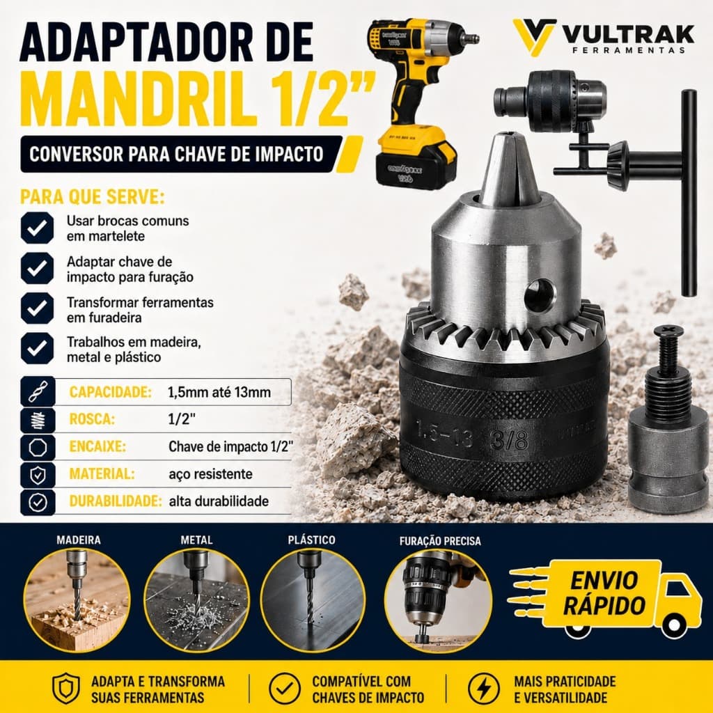 Mandril 13mm Com Adaptador Para Chave De Impacto E Martelete Converte Em Furadeira  rosca de 1/2 20 FIOS UNF