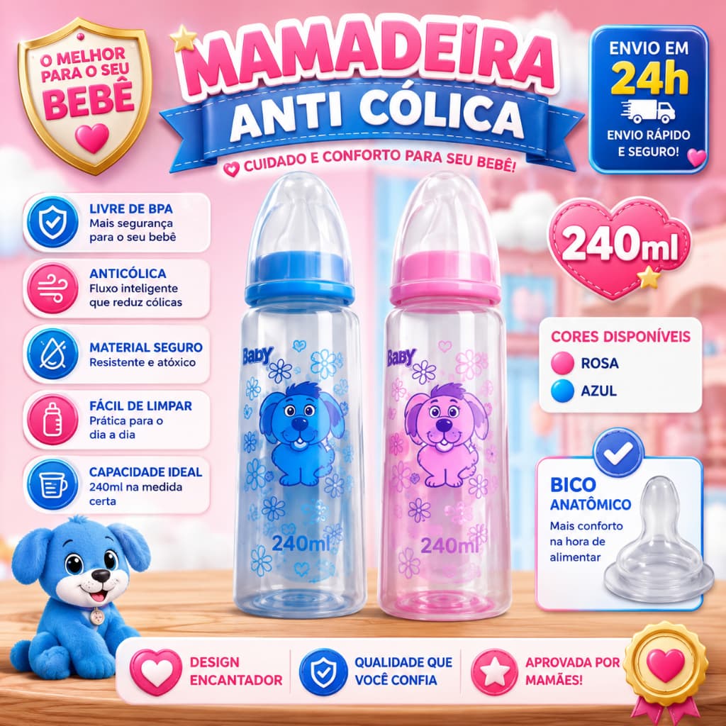 Mamadeira Bebê 240ml Rosa ou Azul 1 Unidade Antivazamento Resistente - Envio em 24 horas