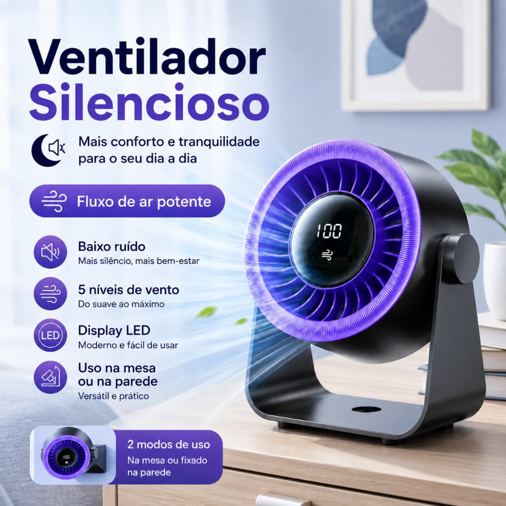 Ventilador de Mesa Recarregável 90° Ajustável Silencioso 2400mAh LED p/ Escritório e Quarto