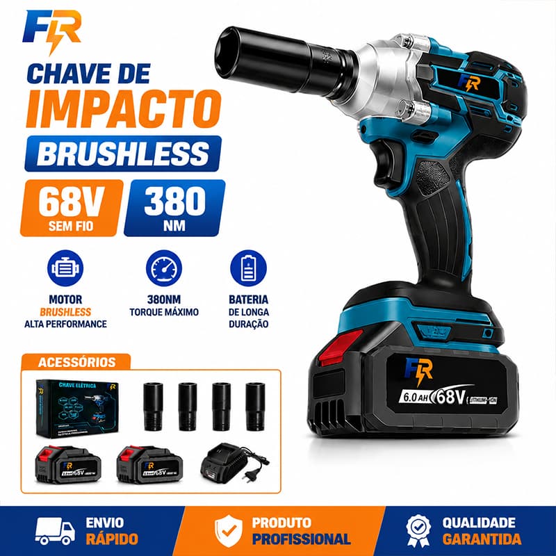 Chave Impacto Brushless 68V 380Nm Sem Fio, Kit com 2 Baterias 6.0Ah, Carregador e Soquetes