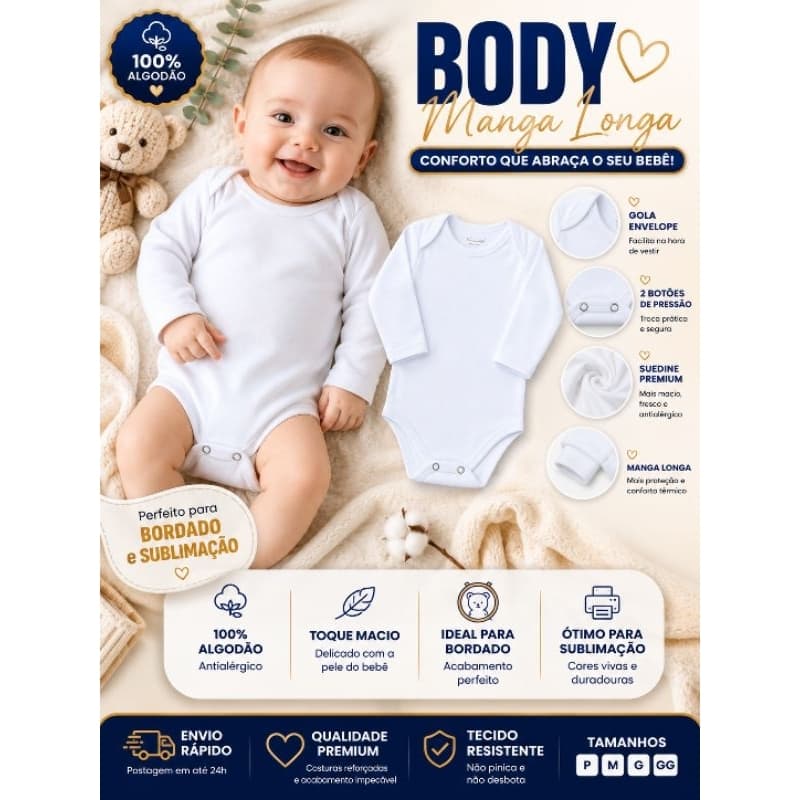Body Bebê Branco Liso 100% Algodão Suedine Premium Manga Longa Personalizar Bordado e Sublimação