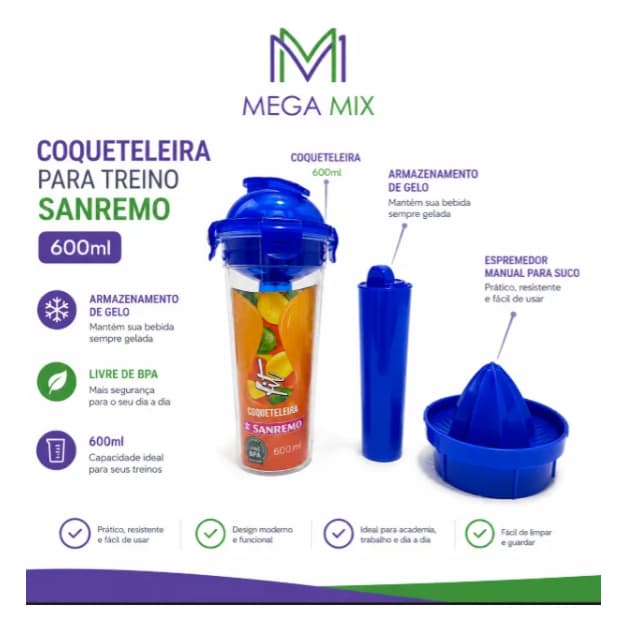 Kit Coqueteleira Sanremo  3/un nas cores azul, rosa,verde, com espremedor de frutas e armazenamento de gelo